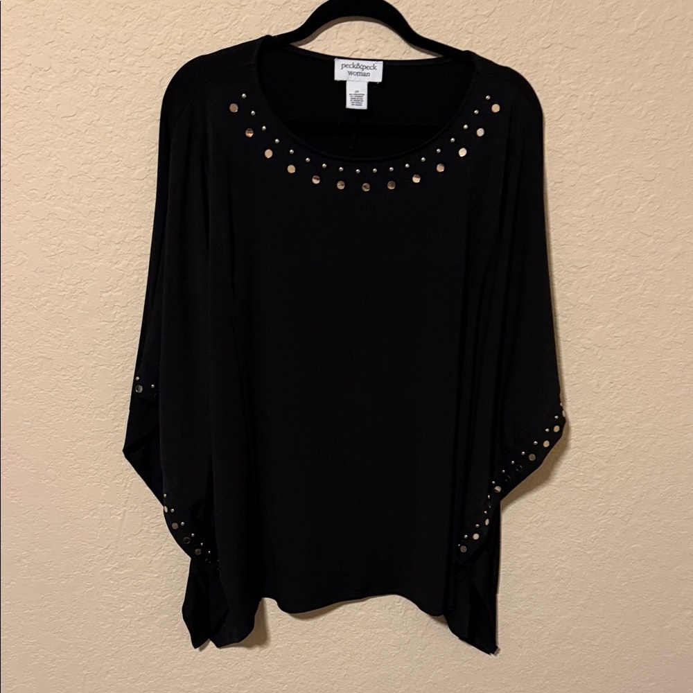 Peck & Peck Black Stud-Embellished Dolman Tunic stretchy plus size blouse 2x